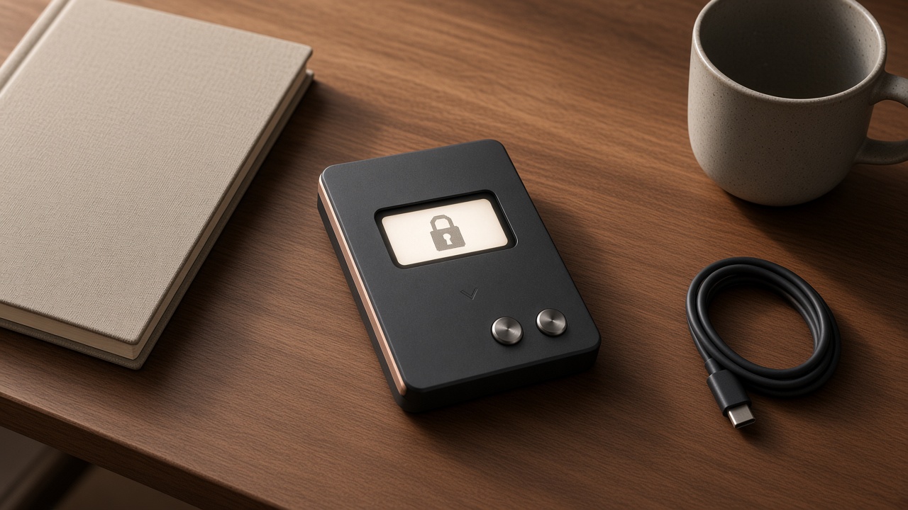 MaxClawOS Wallet on a walnut desk beside a notebook, a cup, and a USB-C cable
