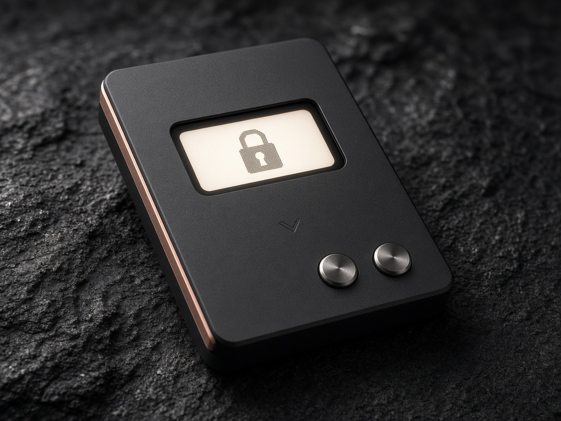 MaxClawOS Wallet, a charcoal metal device with a small screen, copper edge, and two steel buttons
